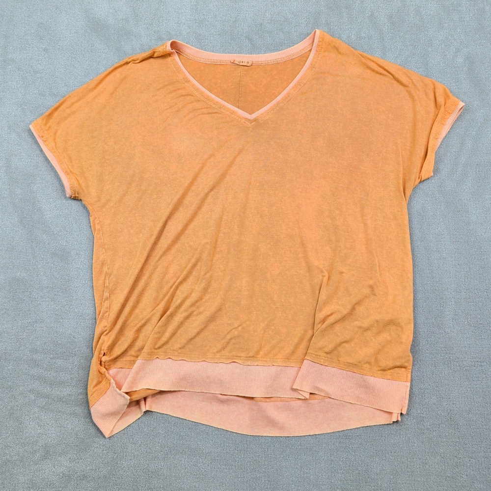Kori Boho Mineral Wash V-Neck Layered Hem Top M Orange Relaxed Fit Short Slv